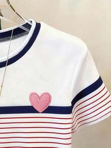 Kaos Anak Perempuan Remaja Kasual Nyaman Modis Minimalis Serbaguna dengan Motif Garis-garis dan Hati yang Dipersonalisasi, Gaya Kasual Musim Semi dan Musim Panas, Lengan Pendek, Atasan Bergaris dengan Blok Warna, Pas Badan, Cocok untuk Pakaian Sehari-hari, Cocok untuk Musim Semi, Musim Panas, dan Musim Gugur. - MultiWarna - View 5