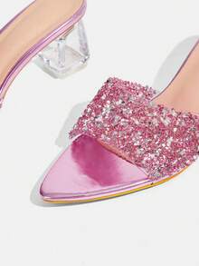 CUCCOO TILAWA Transparent Asymmetrical Chunky Heel Women's Glass Rhinestone Sandals - Dusty Pink - View 8