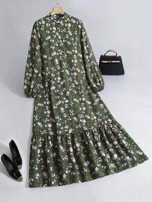 Al Najma Women's Floral Long Sleeve Ruffle Hem Elegant Arabian Dress - Multicolor - View 1