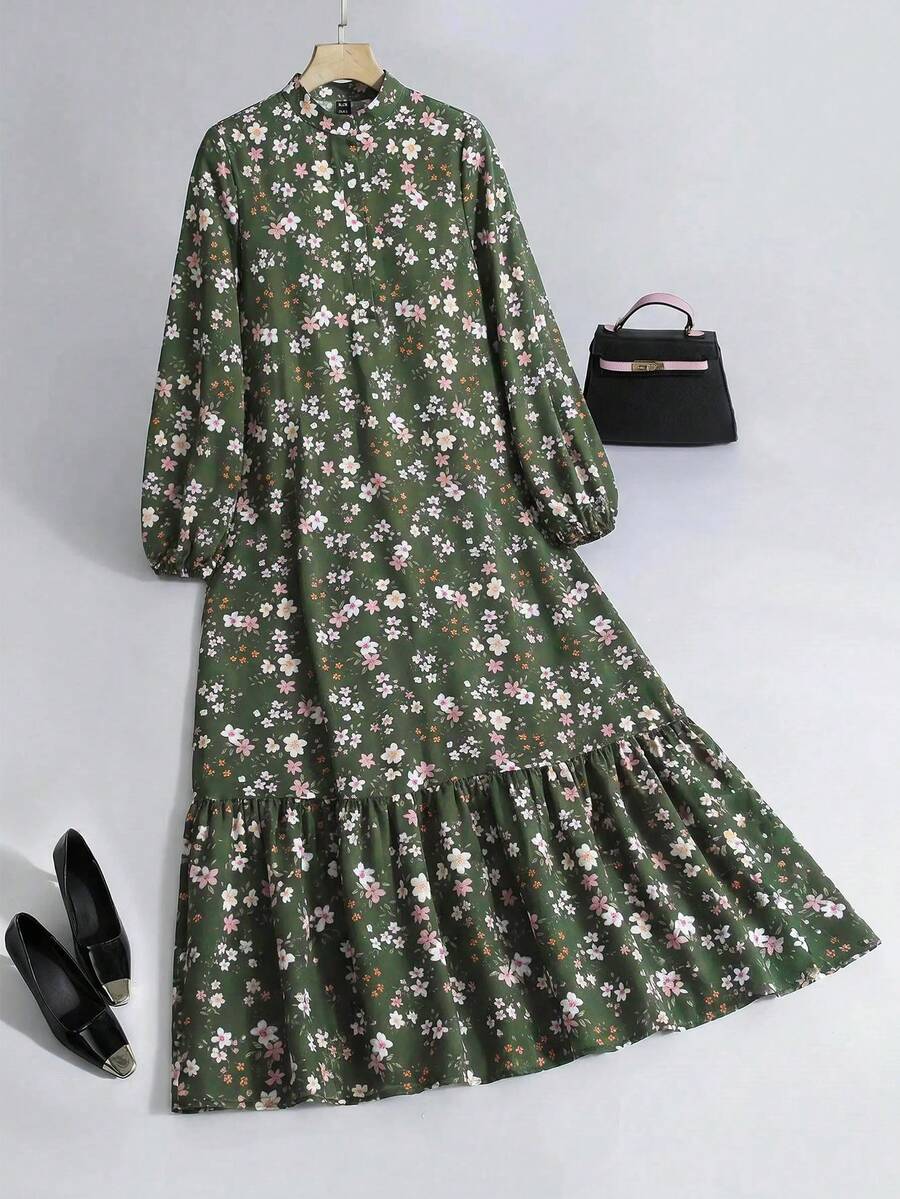 Al Najma Women's Floral Long Sleeve Ruffle Hem Elegant Arabian Dress - Multicolor - View 1