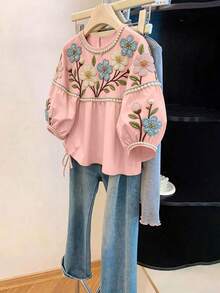 SHEIN Clasi 女款夏季印花多色花卉布料刺繡珍珠圖案設計圓領寬鬆休閒花園度假風辦公穿著高氣場返校季百搭度假風短袖襯衫 - 粉色 - 查看 4