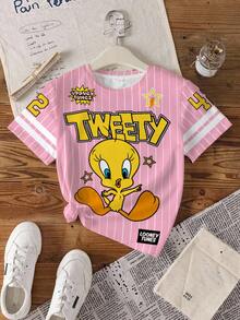 LOONEY TUNES X SHEIN Tween Girls' Striped Letter & Cartoon Print Casual Versatile Daily Wear Short Sleeve T-Shirt - White - View 8