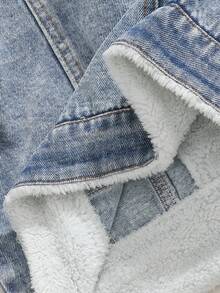 SHEIN 年轻男孩舒适休闲保暖牛仔夹克，秋冬 - 中等水洗藍 - 查看 3