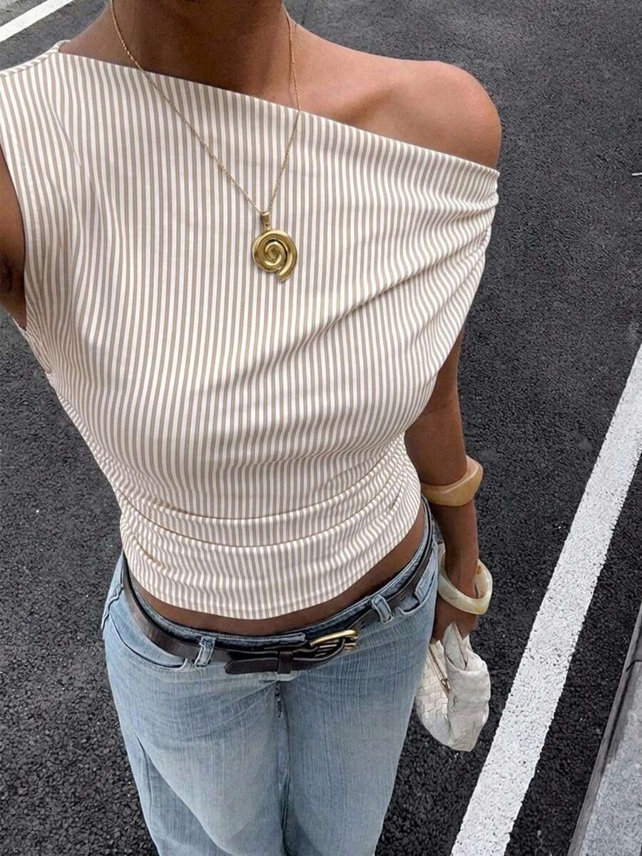 Siren Gaze Tank Top Wanita Kasual Minimalis Motif Garis Khaki Cocok untuk Musim Panas - MultiWarna - View 1