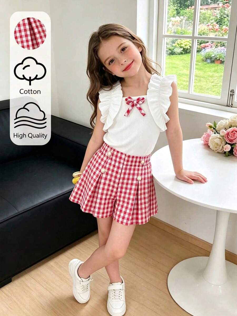 Young Girl Spring/Summer New Sweet College Style 2-Piece Set, White Solid Soft Ribbed Fabric Sleeveless Top Paired With Delicate Ruffle Trim Flutter Sleeve & Red Plaid Bow Decor Shorts Set - Red and White - View 1