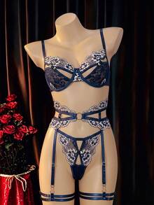 Seduluxe 女款性感蕾絲拼接內衣套裝 4件組 - 藏蓝色 - 查看 4