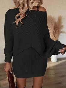 SHEIN Clasi Women Sweater Co-ords Plain Casual - Hitam - View 4