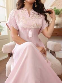 Yasmyna Spring/Summer Sequin Embroidered Patchwork Pink Waist-Cinched Arabian Dress - Pink - View 1