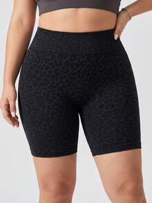 SHEIN Rhythm Era 1 pièce Short de sport sans couture sexy pour femmes grande taille, imprimé léopard, rayure latérale, effet amincissant, pour la course, le fitness, l'entraînement, le yoga, l'extérieur, couche de base, 5 pouces - Noir - Voir 3