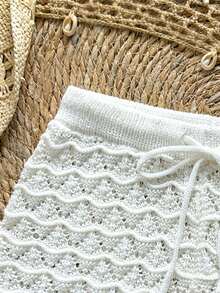 Soleia Knitted Crochet Drawstring Hollow Out Slim Fit Bow Shorts - White - View 5