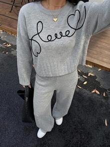 Women's Petite Black 3D Embroidery Detailed Round Neck Bell Sleeve Pullover And Wide Leg Sweater Pant Two Pieces Outfit Set - Grey - View 3