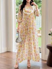 Al Najma Gaun Flare Patchwork Leher Bulat Bermotif untuk Wanita - MultiWarna - View 4