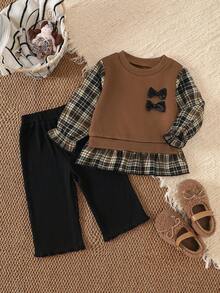 SHEIN Vintaside Kids 2件組女嬰幼兒可愛時尚格紋蝴蝶結長荷葉邊軟綿上衣褲套裝，休閒日常穿著秋季新款上衣套裝 - 彩色 - 查看 1
