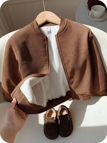 SHEIN 兒童小男孩燈芯絨毛絨內裡超級拉鍊夾克加厚外套，適合通勤、上學、日常休閒、大學、旅行、運動，秋冬款 - 棕色 - 查看 1