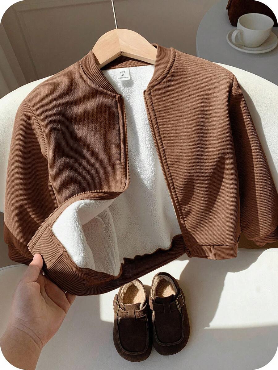 SHEIN 兒童小男孩燈芯絨毛絨內裡超級拉鍊夾克加厚外套,適合通勤、上學、日常休閒、大學、旅行、運動,秋冬款 - 棕色 - 查看 1