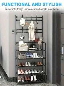 1pc Multi-Functional Iron Shoe Rack, 4/5 Tiers With 8 Hooks - Easy Assembly, Black Shoe Organizer Shelf - Multicolor - View 9