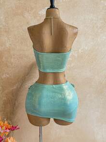 Soleia Set da donna da vacanza con texture metallica, top halter plissettato e gonna, sexy due pezzi - Verde - Visualizzare 2
