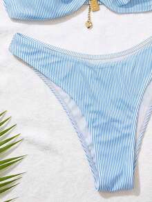 Swim Mod 2件組女款海灘套裝，時尚可愛度假海灘泳池派對優雅波點印花金屬鏈式無肩帶可拆式肩帶平口上衣 & 性感比基尼下裝套裝 - 彩色 - 查看 4