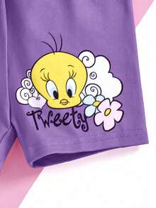 LOONEY TUNES X SHEIN 女婴卡通崔弟和彩虹印花可爱休闲粉色短袖T恤和短裤套装 - 紫色 - 查看 8