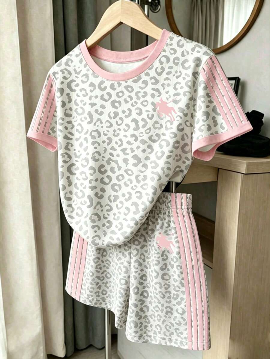 Teen Girls Pink Contrast Collar Pink Striped Pattern Grey Leopard Print All-Over Print Shorts Set Suitable For Outings Street Casual Daily Basic - Multicolor - View 1