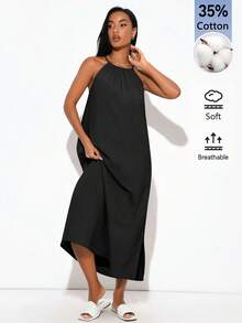 SHEIN BASICS 女款夏季休閒素色細肩帶中長洋裝 - 黑色 - 查看 2