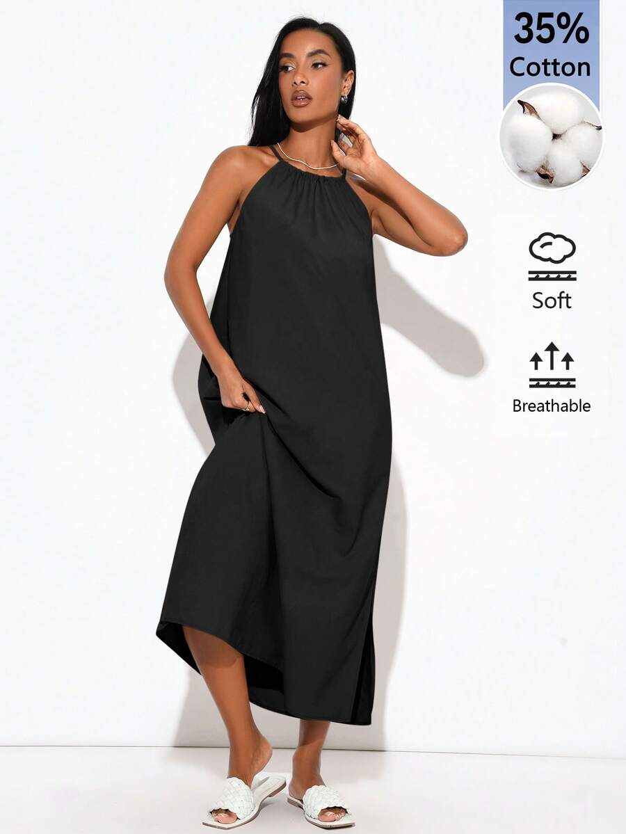 SHEIN BASICS 女款夏季休閒素色細肩帶中長洋裝