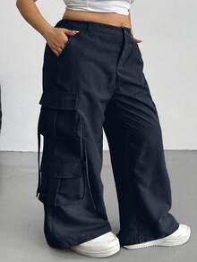 SHEIN CURVE+ 大尺碼女款黑色休閒牛仔通勤工裝褲，適合約會之夜、早午餐、夏季穿著 - 藏蓝色 - 查看 5