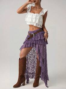 SHEIN ICON Ultra Low Waist Lace Tiered High-Low Skirt - Purple - View 4