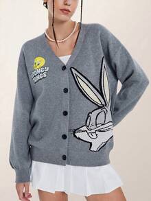 LOONEY TUNES X SHEIN Women Grey Casual Rabbit Cartoon & Letter Pattern Jacquard Dropped Shoulder Loose V-Neck Button Up Cardigan Cute Sweater Cardigan Fall Sweaters Ugly Christmas Sweater - Dark Grey - View 1