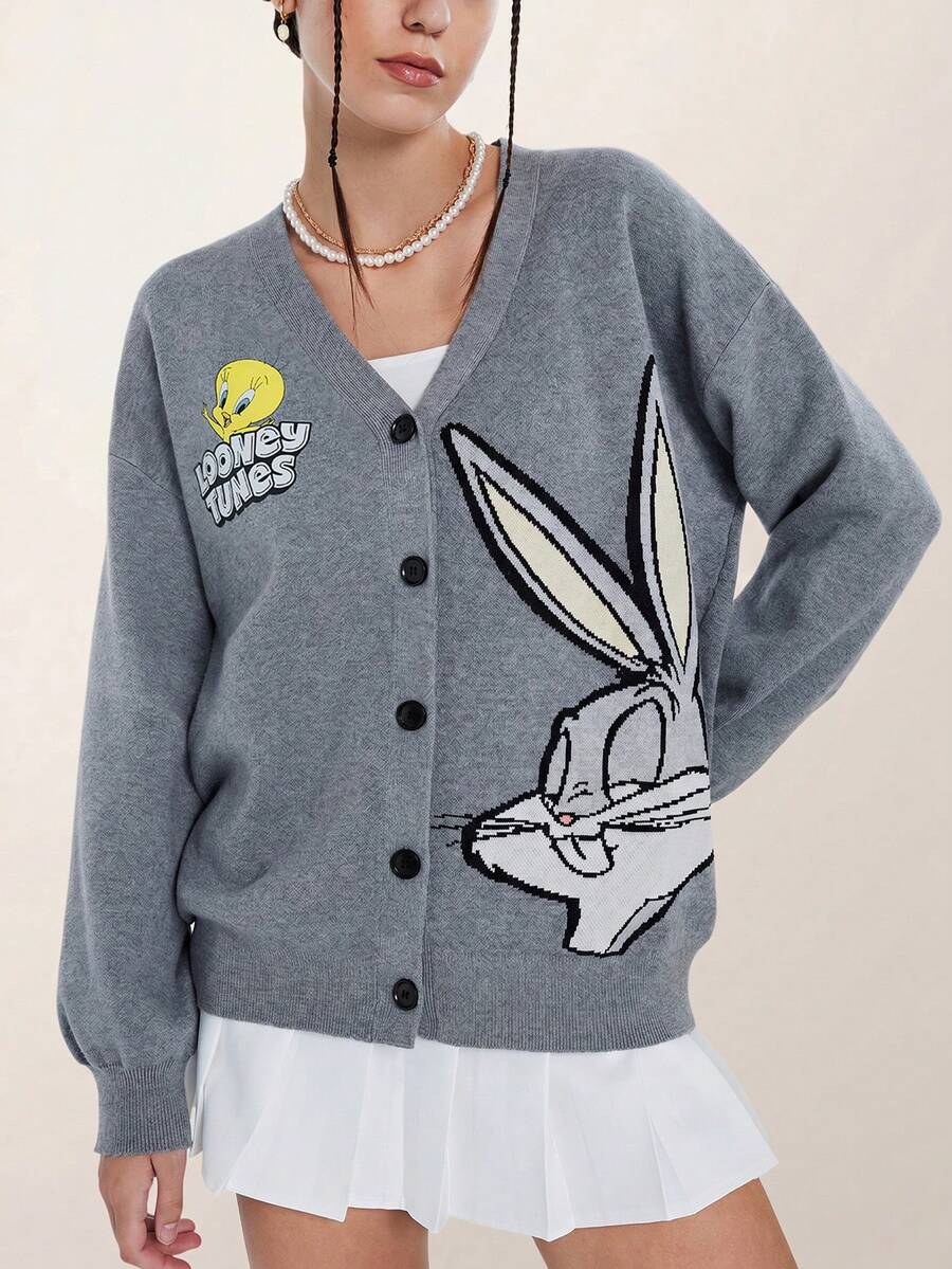 LOONEY TUNES X SHEIN Women Grey Casual Rabbit Cartoon & Letter Pattern Jacquard Dropped Shoulder Loose V-Neck Button Up Cardigan Cute Sweater Cardigan Fall Sweaters Ugly Christmas Sweater - Dark Grey - View 1