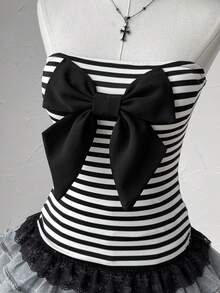 Attitoon Women's Bow Decor Striped Fashionable Bandeau Top - Black and White - View 7