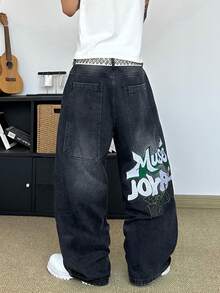 STEELVANCE Streetwear Retro Fashion Serbaguna Distressed Washed Saku Belakang Desain Bordir Longgar Potongan Lurus Potongan Lebar Celana Jeans Denim Kasual - Hitam - View 2