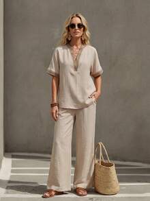 Faunlyn Women's Striped Notch V-Neck Short Sleeve Shirt And Pants Casual 2 Pieces Set - Khaki - View 8