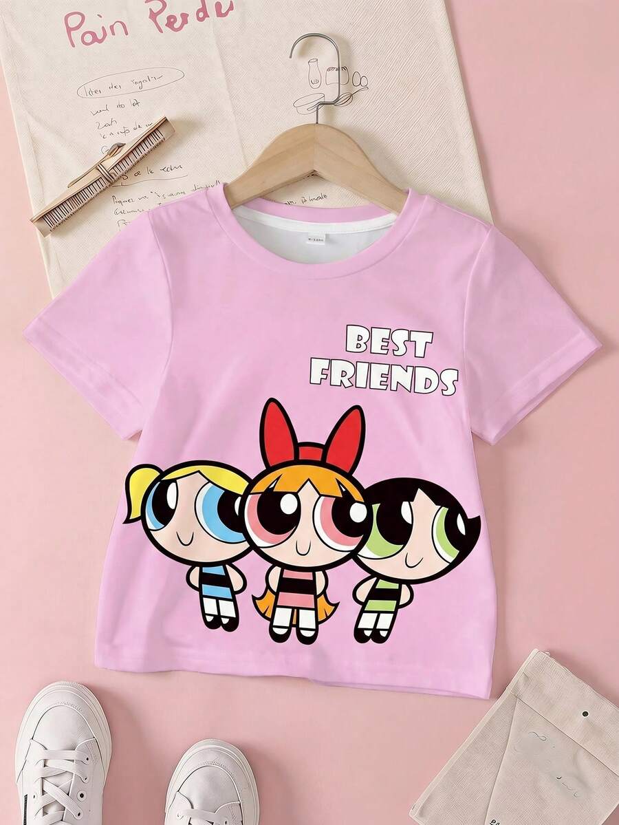 THE POWERPUFF GIRLS X SHEIN 女婴休闲卡通印花上衣,夏季 - 白色 - 查看 1