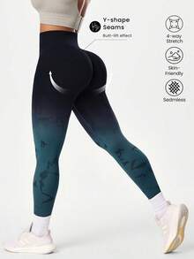 SHEIN Sports 女款漸層無縫高彈力瑜伽健身交叉腰緊身褲 - 彩色 - 查看 2