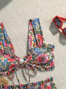 Swim Vcay Sweet Floral Random Print Wide Strap Tie-Front Triangle Bikini Set For Girls/Women - Multicolor - View 4