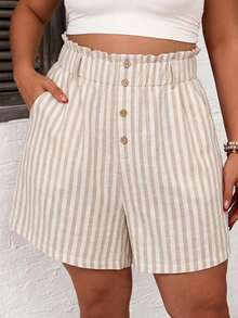 Comfylo Pantalones cortos casuales versátiles de uso diario con diseño de rayas y patchwork para mujer talla grande - Albaricoque - Ver 1