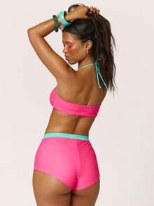 Musera Resort Graphic Print Ruched Bust Strappy Halterneck Bikini Top Summer Vacation Beach Swim Party Cute Tides Coral Pink Tropical - Multicolor - View 4