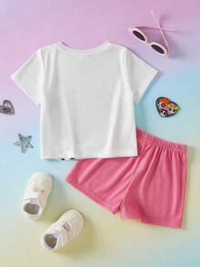 THE POWERPUFF GIRLS X SHEIN 2件套女婴字母印花撞色圆领短袖T恤和休闲短裤套装， - 白色 - 查看 2