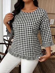 Weeklong Plus Size Women's Casual Plaid Ruffle Trim Short Sleeve Blouse, Versatile For Summer - Black and White - View 5