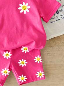2pcs Young Girl Casual Set, Daisy Face Print Crew Neck Short Sleeve Top With Matching Elastic Waist Shorts, Suitable For Outings, Shopping And Daily Wear In Spring And Summer - Multicolor - View 5