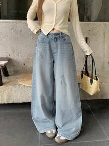 DAZY Women's Loose Straight Leg Long Pants Rhinestone Bow Decor Casual Denim Jeans Fall - Light Wash - View 9