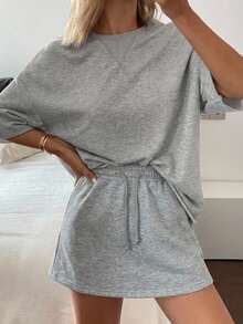 Livesso Women's Solid Color Round Neck Top And Drawstring Waist Mini Skirt Casual Daily 2-Piece Set - Grey - View 5