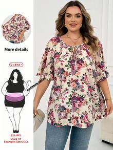 SHEIN CURVE+ 大尺碼花卉印花領結夏季襯衫，2026年女性嘉年華服裝，女性嘉年華服裝，女性嘉年華服裝，女性嘉年華服裝，女性嘉年華服裝，夏季服飾，女性夏季服飾，夏季度假服飾，女性夏季服飾，女性優雅襯衫，女性優雅襯衫，適合各種場合的花卉襯衫，例如：通勤上班、居家休閒、散步、拜訪鄰居和朋友以及購物 - 杏色 - 查看 8