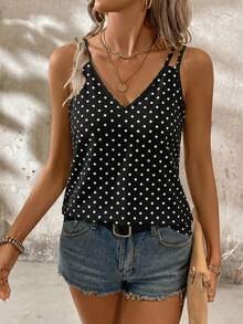 EMERY ROSE Casual Simple Black Polka Dot Pattern Plus Size Women's Camisole Tank Top Suitable For Summer - Black - View 5