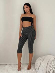 SHEIN SXY Fashionable Commuter Night Out Black And White Checkered Split Capri Length Leggings Summer - Black and White - View 5