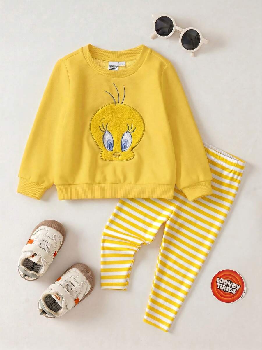 LOONEY TUNES X SHEIN 2 件套女婴卡通崔迪鸟刺绣卫衣和黄白条纹印花打底裤，适合秋冬季 - 黃色 - 查看 1