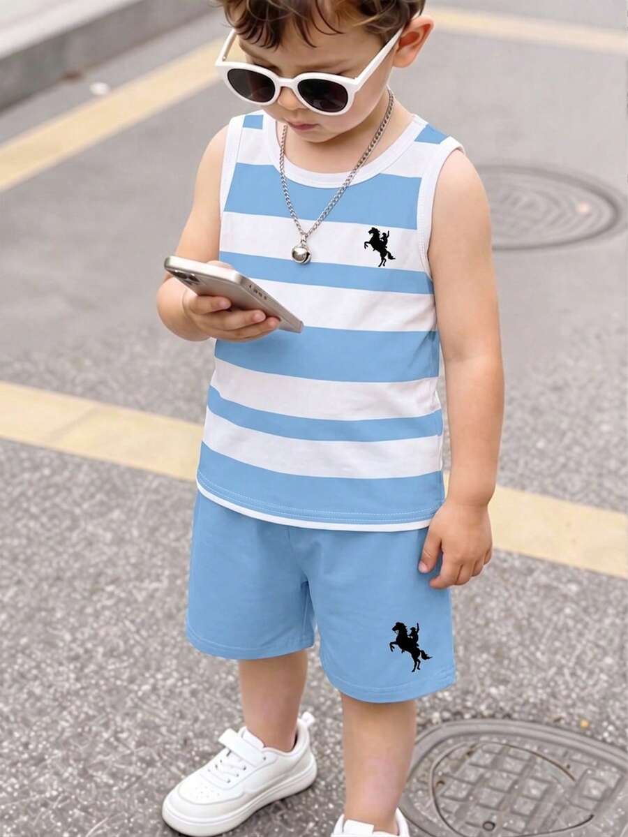 SHEIN Playful Pals 2pcs/Set Young Boy Casual Minimalist Striped Logo Print Tank Top And Logo Print Shorts, Suitable For Summer Outings - Multicolor - View 1
