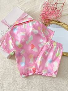SHEIN Girls' Pink Rainbow Print Collar Open Front Short Sleeve Shorts Set Flame Retardant Loungewear - Pink - View 2