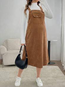SHEIN 孕妇纯色工装口袋吊带连衣裙 - 卡其色 - 查看 4